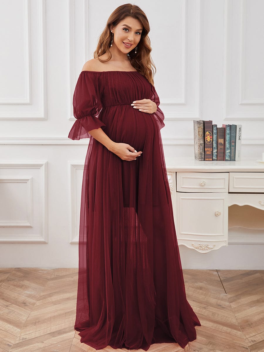 Elegant Sheer Off-Shoulder Double Skirt Maternity Maxi Dress