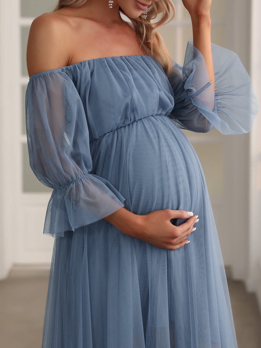 Elegant Sheer Off-Shoulder Double Skirt Maternity Maxi Dress
