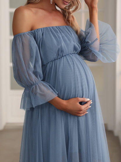 Elegant Sheer Off-Shoulder Double Skirt Maternity Maxi Dress