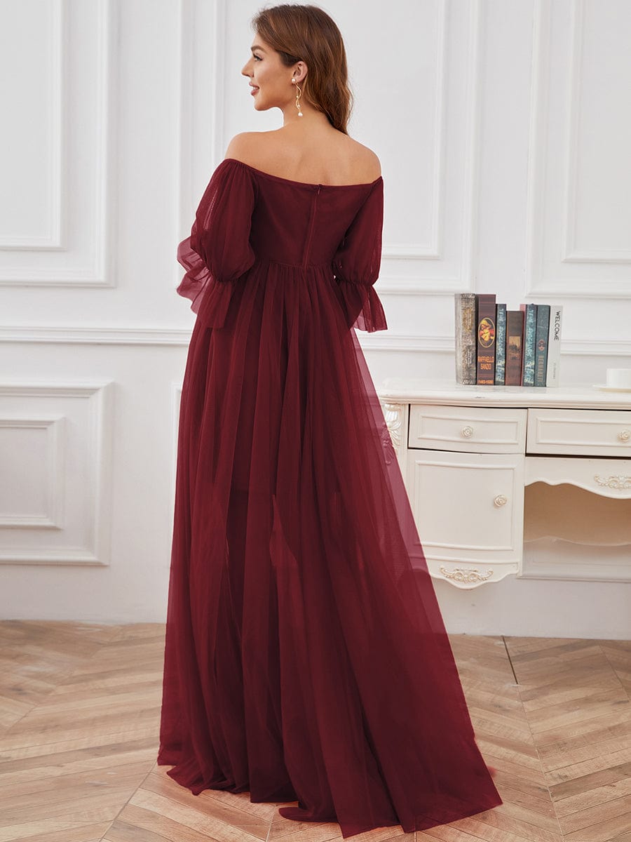 Elegant Sheer Off-Shoulder Double Skirt Maternity Maxi Dress