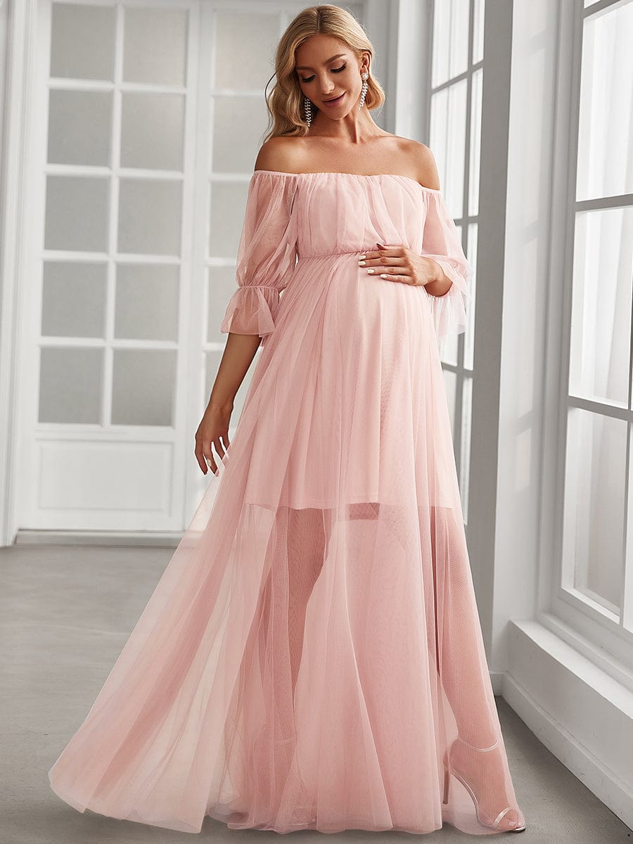 Elegant Sheer Off-Shoulder Double Skirt Maternity Maxi Dress