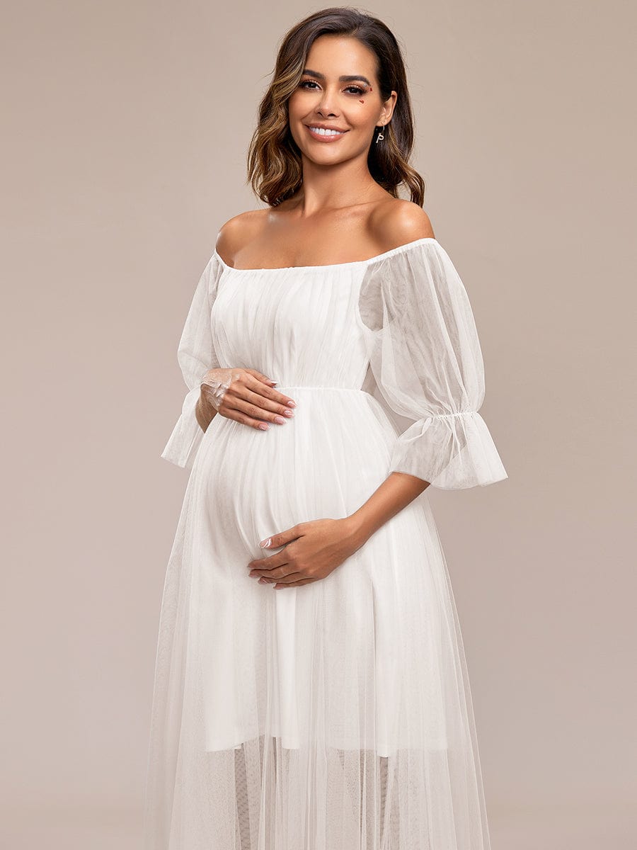 Elegant Sheer Off-Shoulder Double Skirt Maternity Maxi Dress