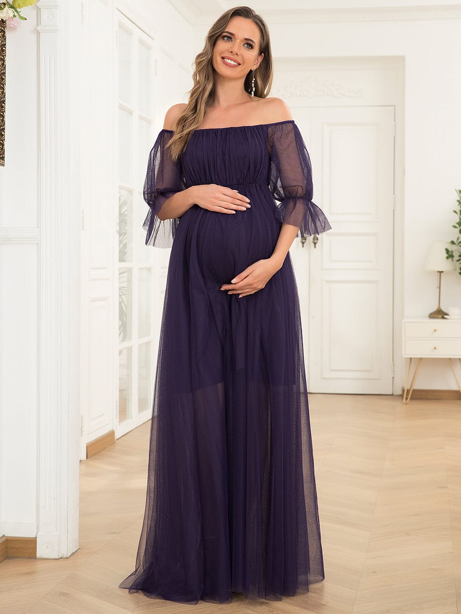 Elegant Sheer Off-Shoulder Double Skirt Maternity Maxi Dress