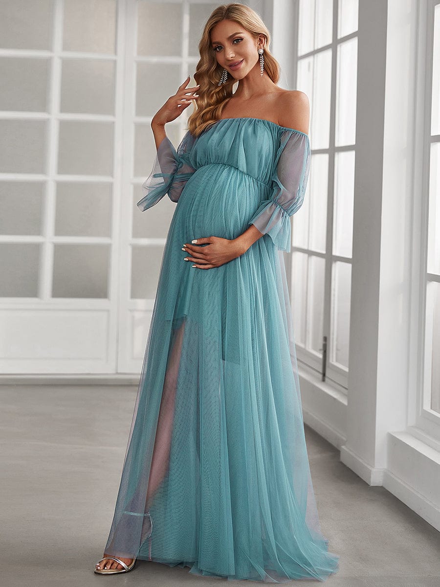 Elegant Sheer Off-Shoulder Double Skirt Maternity Maxi Dress