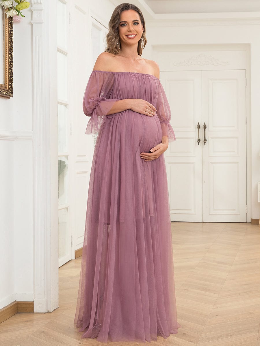 Elegant Sheer Off-Shoulder Double Skirt Maternity Maxi Dress