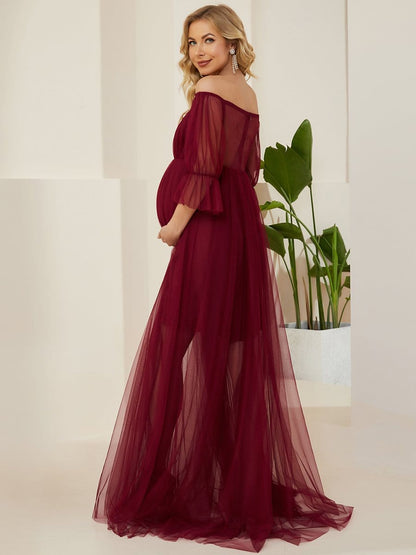 Elegant Sheer Off-Shoulder Double Skirt Maternity Maxi Dress