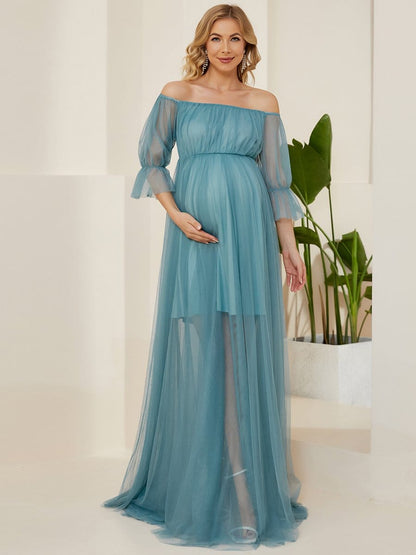 Elegant Sheer Off-Shoulder Double Skirt Maternity Maxi Dress