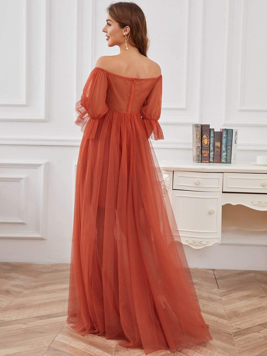 Elegant Sheer Off-Shoulder Maternity Double Skirt Maxi Dress