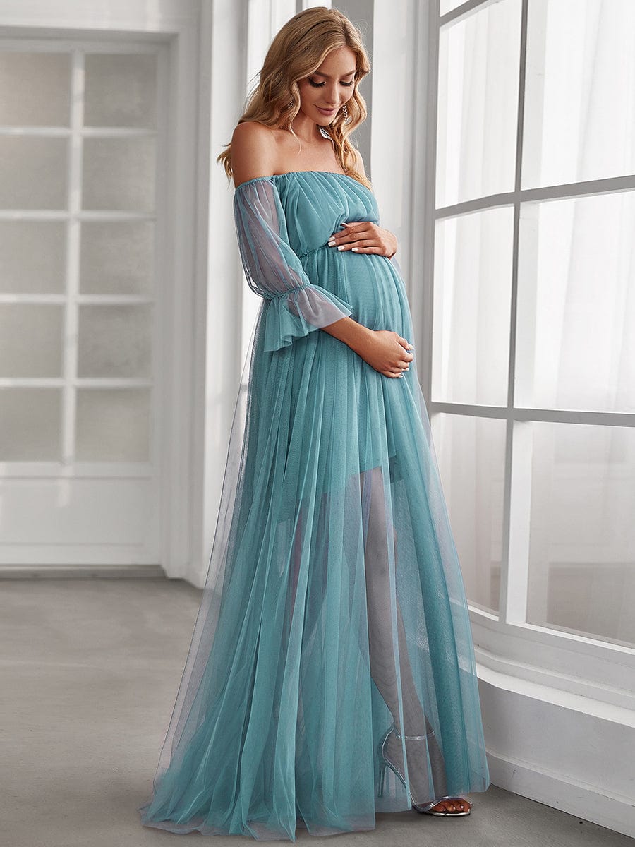 Elegant Sheer Off-Shoulder Maternity Double Skirt Maxi Dress
