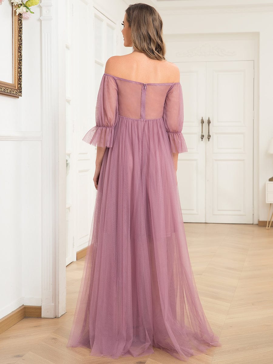 Elegant Sheer Off-Shoulder Maternity Double Skirt Maxi Dress
