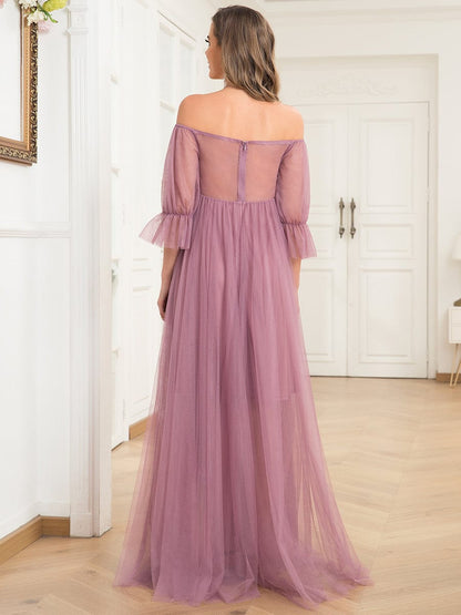 Elegant Sheer Off-Shoulder Maternity Double Skirt Maxi Dress
