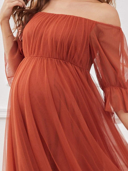 Elegant Sheer Off-Shoulder Maternity Double Skirt Maxi Dress