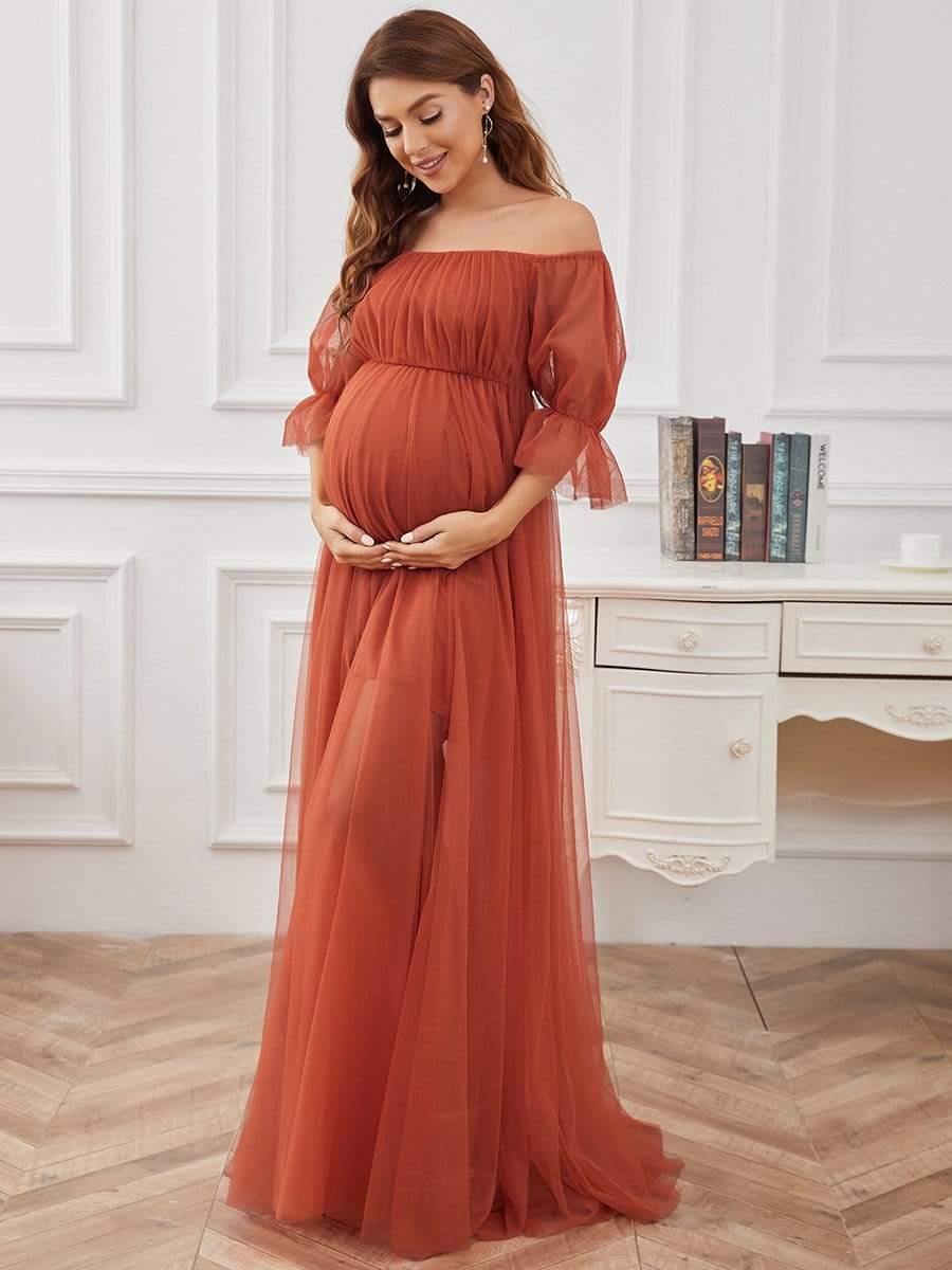 Elegant Sheer Off-Shoulder Maternity Double Skirt Maxi Dress