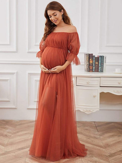 Elegant Sheer Off-Shoulder Maternity Double Skirt Maxi Dress