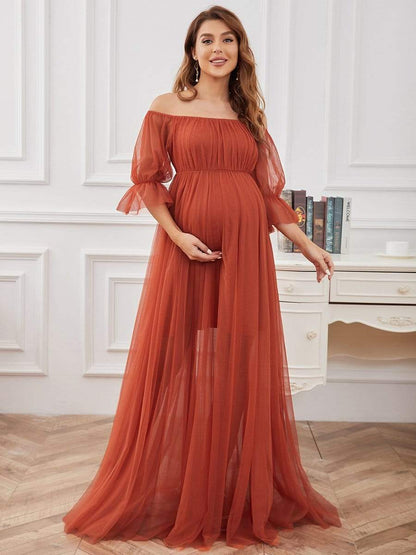 Elegant Sheer Off-Shoulder Maternity Double Skirt Maxi Dress