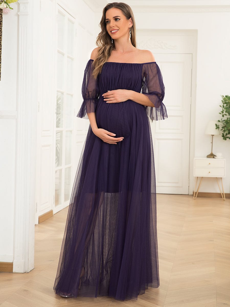 Elegant Sheer Off-Shoulder Maternity Double Skirt Maxi Dress