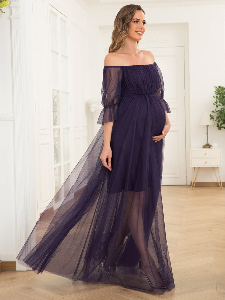 Elegant Sheer Off-Shoulder Maternity Double Skirt Maxi Dress