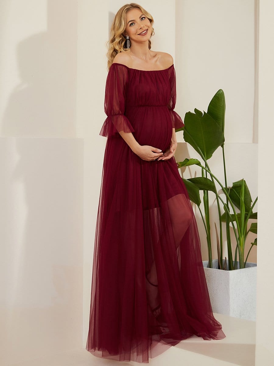 Elegant Sheer Off-Shoulder Maternity Double Skirt Maxi Dress