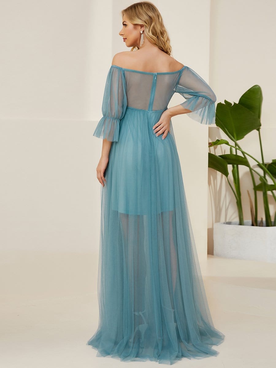Elegant Sheer Off-Shoulder Maternity Double Skirt Maxi Dress
