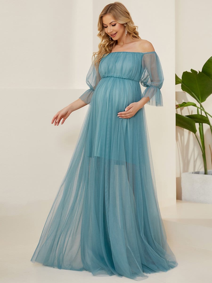 Elegant Sheer Off-Shoulder Maternity Double Skirt Maxi Dress