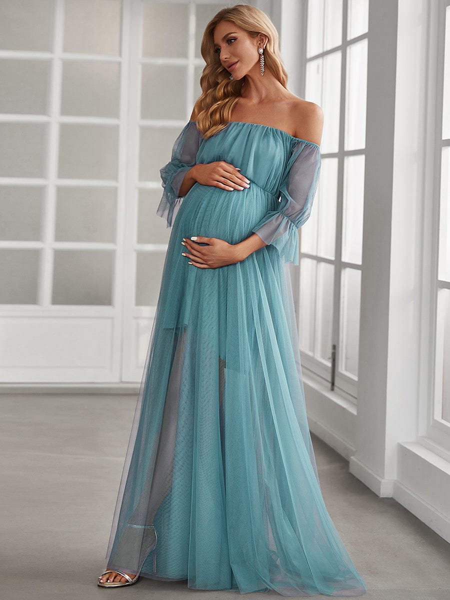 Elegant Sheer Off-Shoulder Maternity Double Skirt Maxi Dress