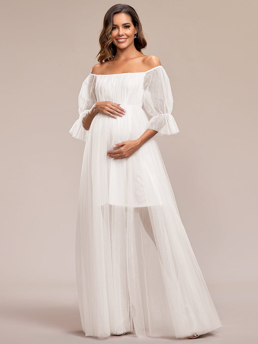 Elegant Sheer Off-Shoulder Maternity Double Skirt Maxi Dress