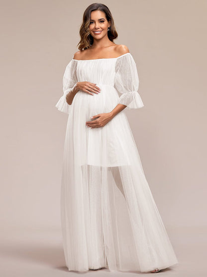 Elegant Sheer Off-Shoulder Maternity Double Skirt Maxi Dress