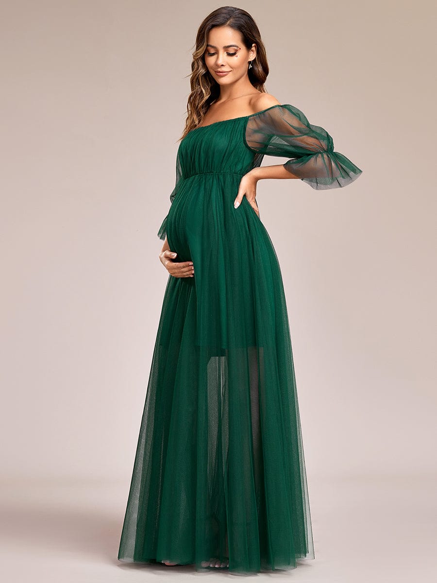 Elegant Sheer Off-Shoulder Maternity Double Skirt Maxi Dress