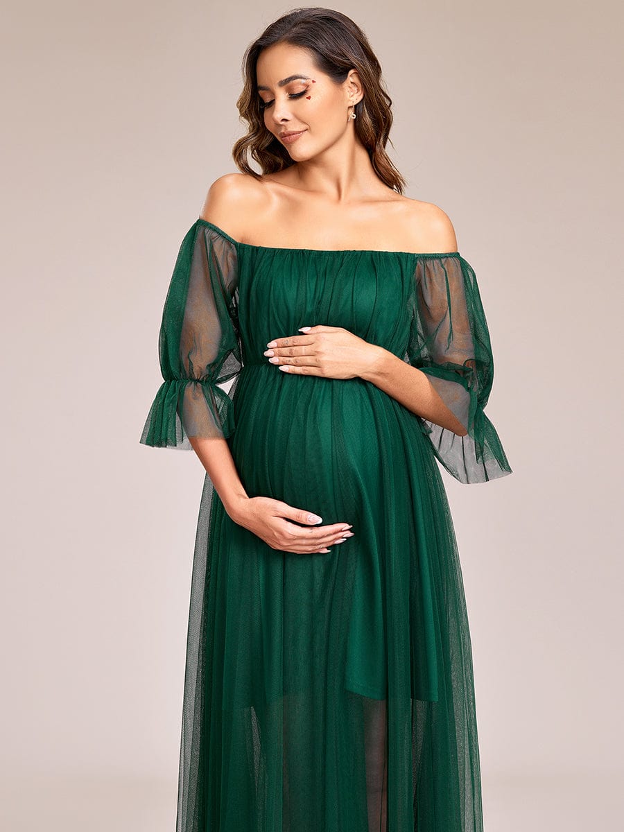 Elegant Sheer Off-Shoulder Maternity Double Skirt Maxi Dress