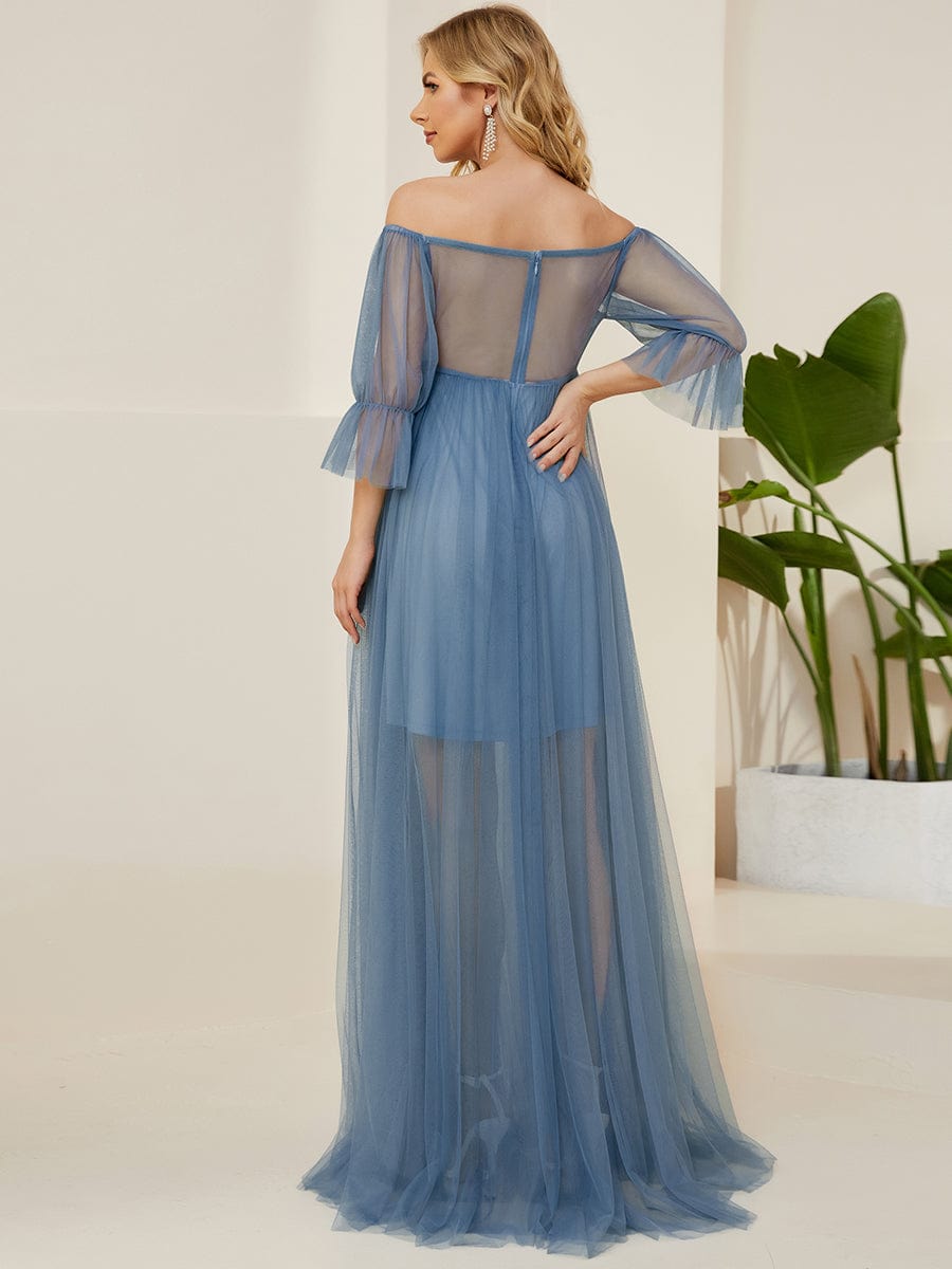 Elegant Sheer Off-Shoulder Maternity Double Skirt Maxi Dress
