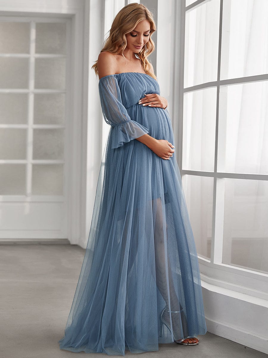 Elegant Sheer Off-Shoulder Maternity Double Skirt Maxi Dress