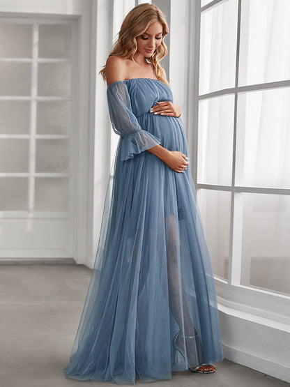 Elegant Sheer Off-Shoulder Maternity Double Skirt Maxi Dress
