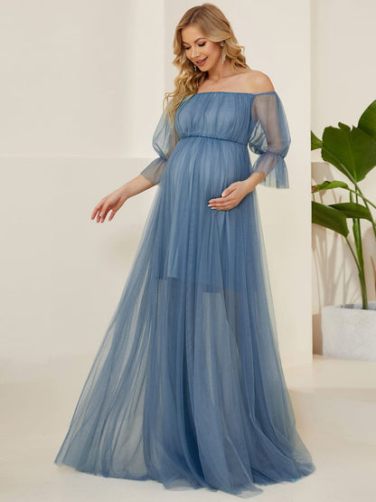 Elegant Sheer Off-Shoulder Maternity Double Skirt Maxi Dress
