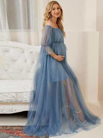 Elegant Sheer Off-Shoulder Maternity Double Skirt Maxi Dress