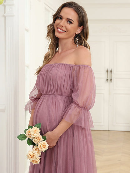 Elegant Sheer Off-Shoulder Maternity Double Skirt Maxi Dress