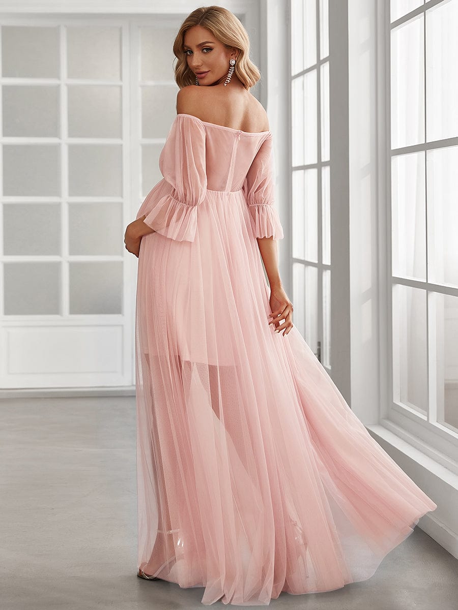 Elegant Sheer Off-Shoulder Maternity Double Skirt Maxi Dress