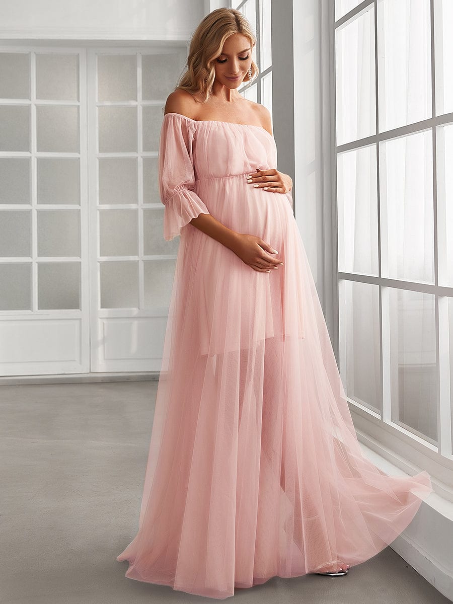 Elegant Sheer Off-Shoulder Maternity Double Skirt Maxi Dress