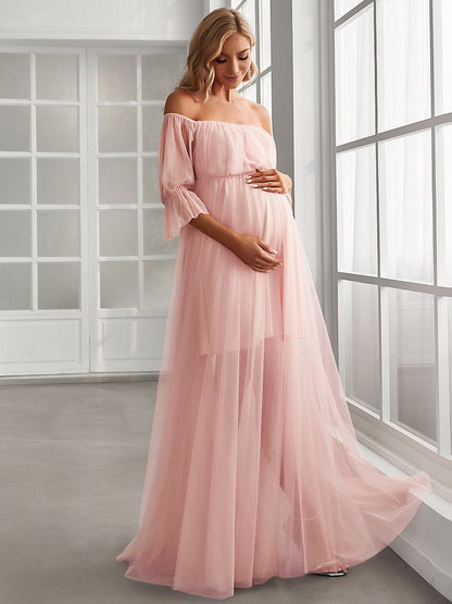 Elegant Sheer Off-Shoulder Maternity Double Skirt Maxi Dress