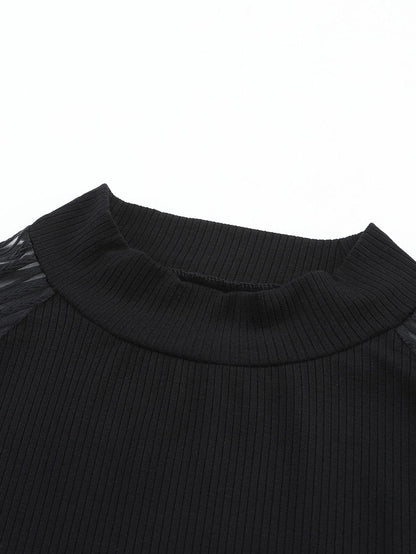 Elegant Sheer Striped Mesh Long Sleeve Ribbed Top