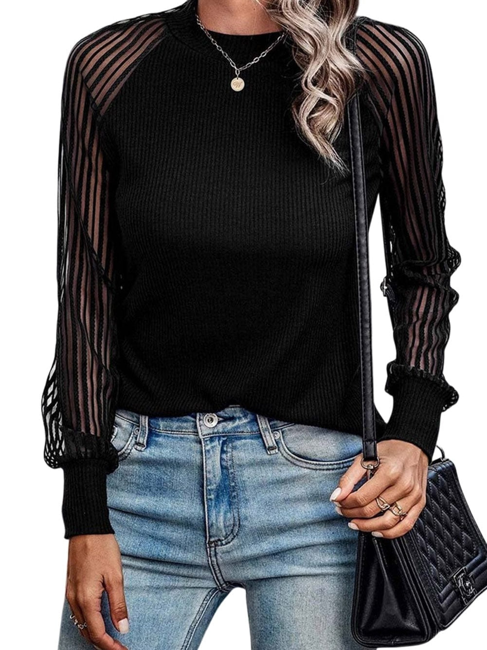 Elegant Sheer Striped Mesh Long Sleeve Ribbed Top
