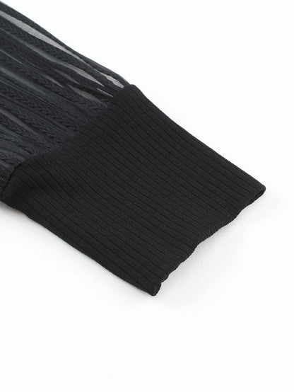 Elegant Sheer Striped Mesh Long Sleeve Ribbed Top