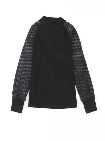 Elegant Sheer Striped Mesh Long Sleeve Ribbed Top