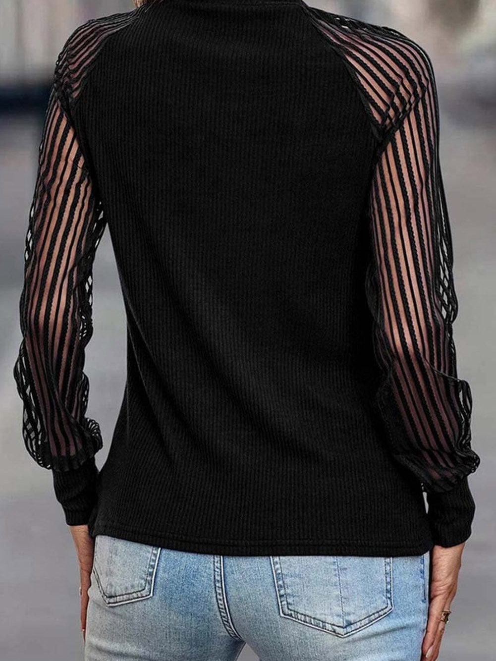 Elegant Sheer Striped Mesh Long Sleeve Ribbed Top