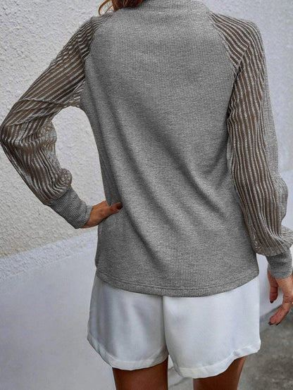 Elegant Sheer Striped Mesh Ribbed Top with Long Sleeves