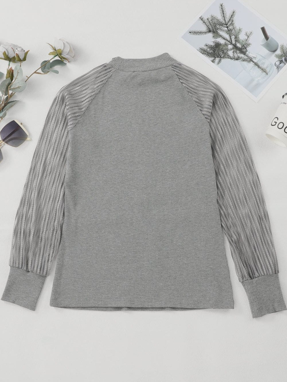 Elegant Sheer Striped Mesh Ribbed Top with Long Sleeves