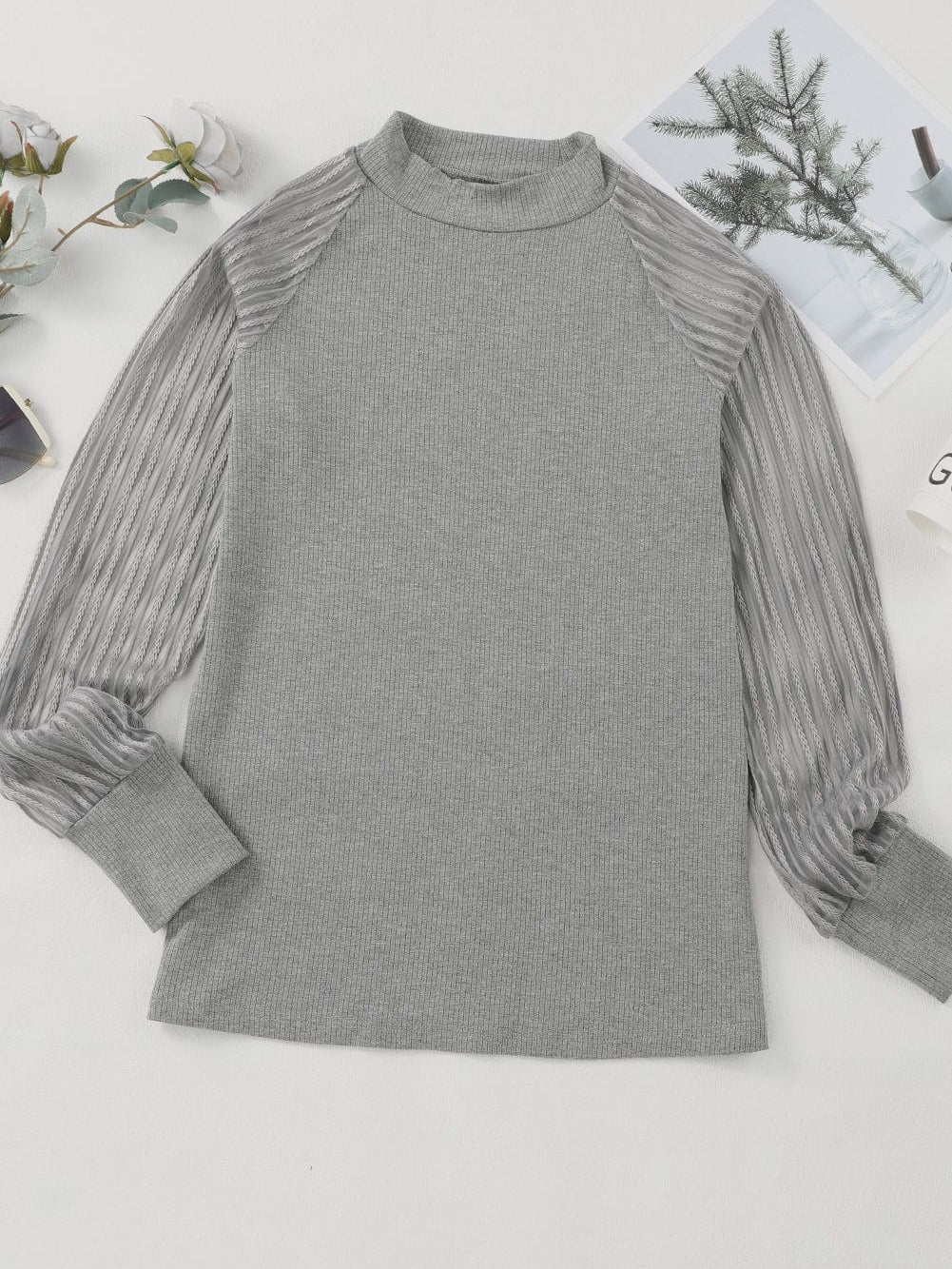 Elegant Sheer Striped Mesh Ribbed Top with Long Sleeves