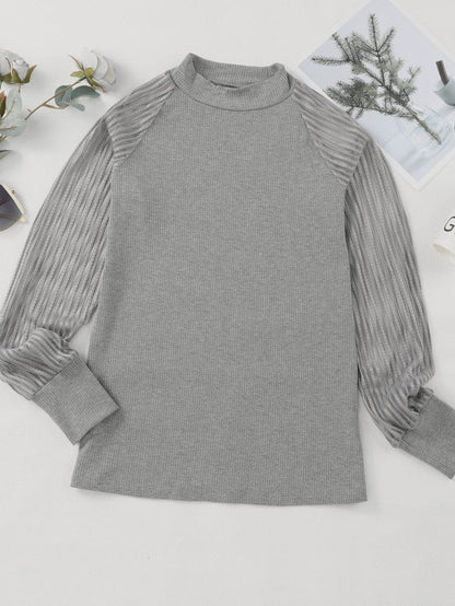 Elegant Sheer Striped Mesh Ribbed Top with Long Sleeves