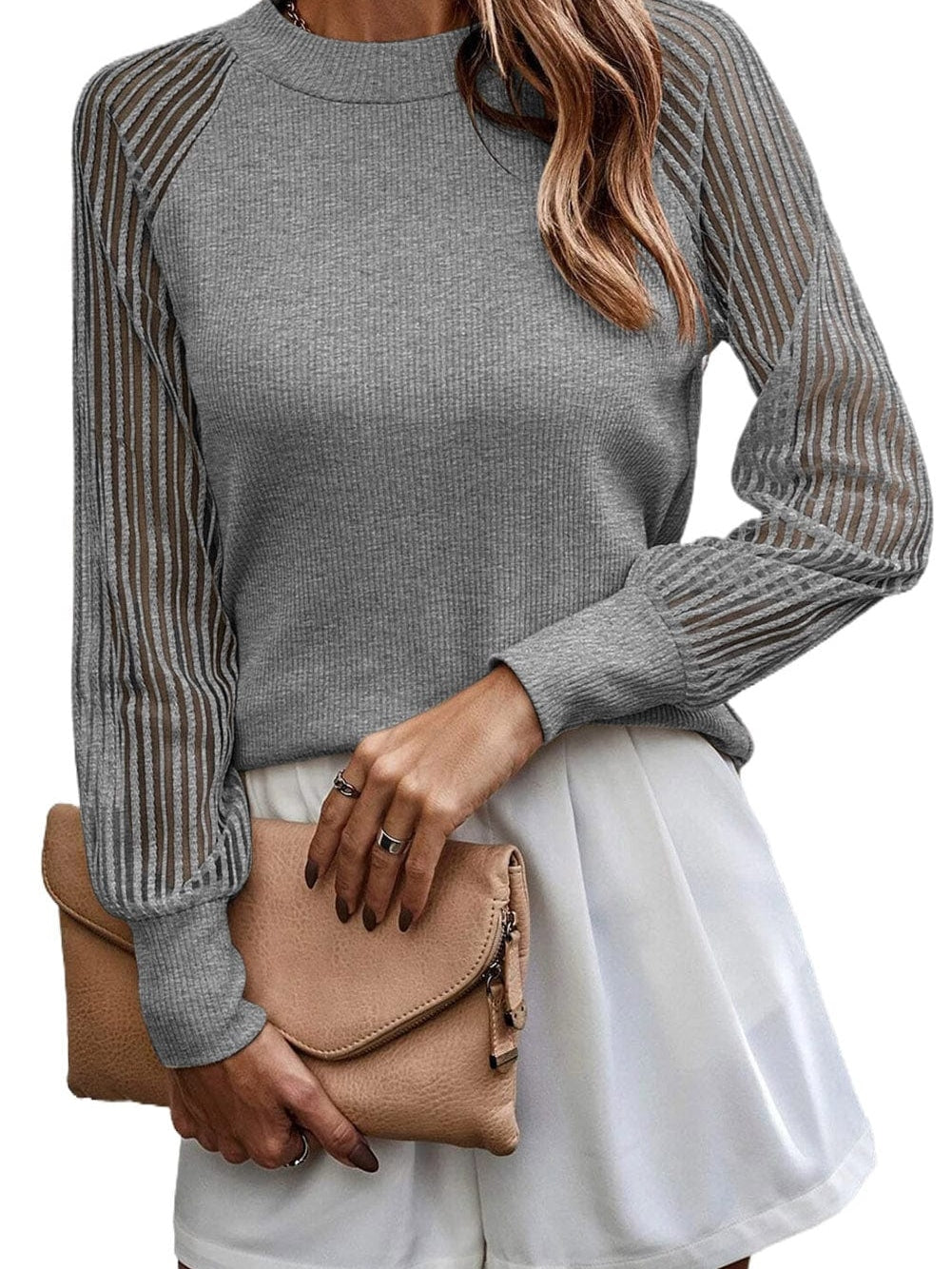 Elegant Sheer Striped Mesh Ribbed Top with Long Sleeves