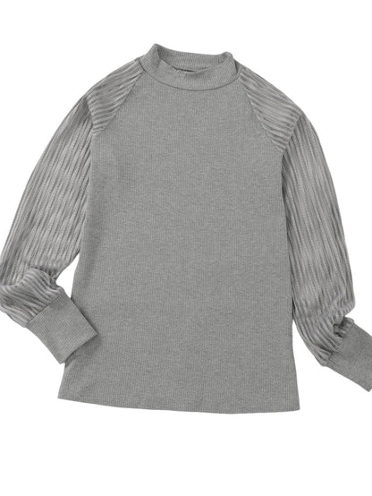 Elegant Sheer Striped Mesh Ribbed Top with Long Sleeves