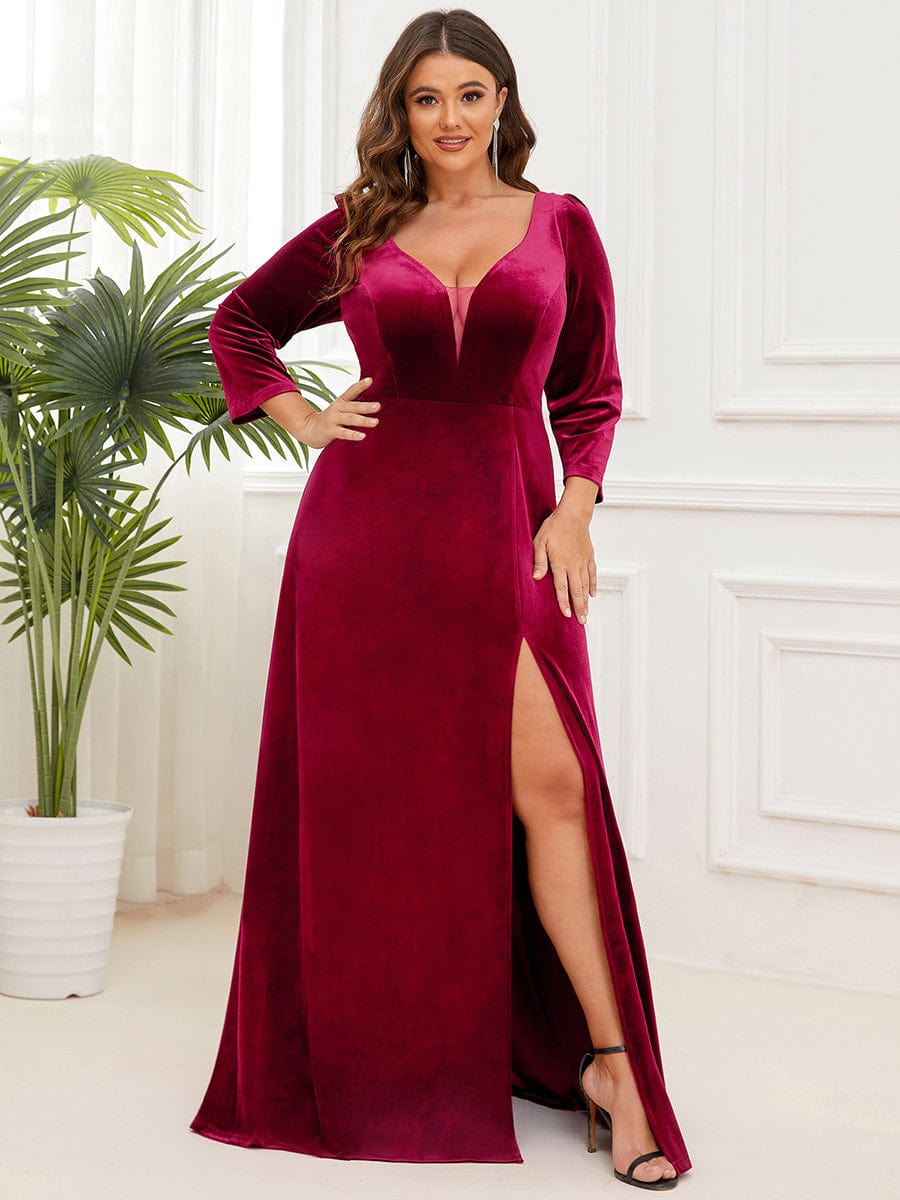 Elegant Shimmering A-Line Long Sleeve Deep V-Neck Evening Gown